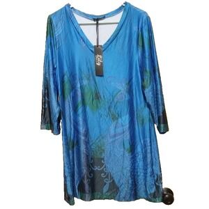 Lily by Firmiana  New Women's Multi‎ Color vibrant blues  Tunic Top 3/4 Sleeve/L